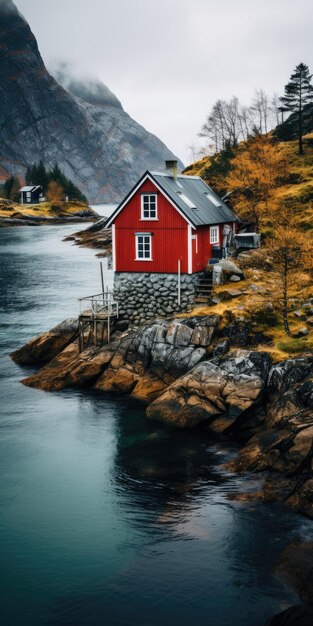 maisons au bord d'un lac de style scandinave MinimalismeImage pour une affiche ou une carte postale IA générative