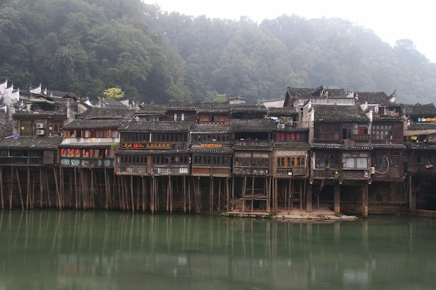 Des maisons au bord de la rivière contre les arbres