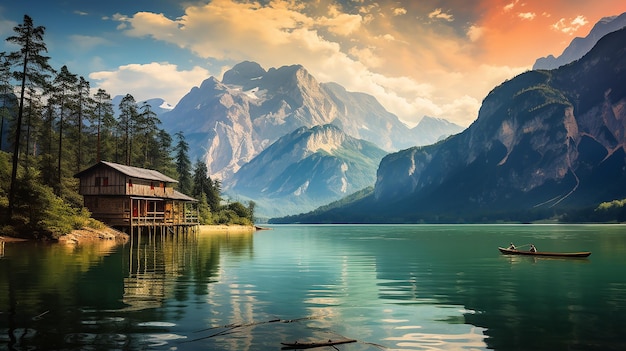 Des maisons en bois au bord d'un lac dans les montagnes