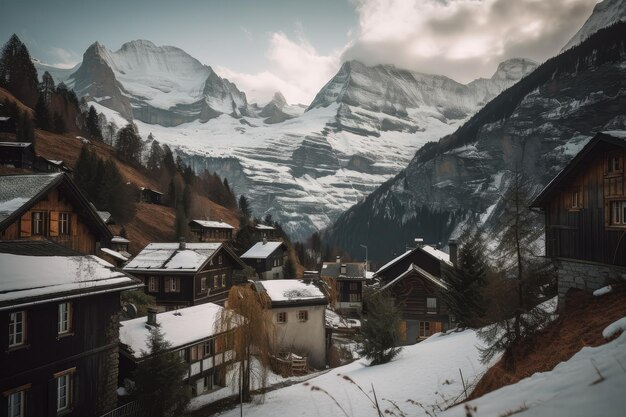 Des maisons en bois au milieu d'une grande montagne.