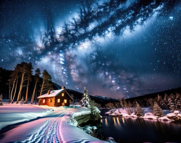 Photo maisons en bois de noël de la voie lactée la nuit