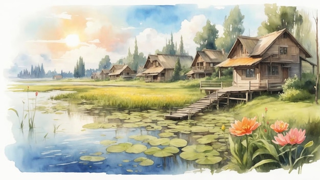 Maisons en bois pittoresques dans une peinture de marais à l’aquarelle