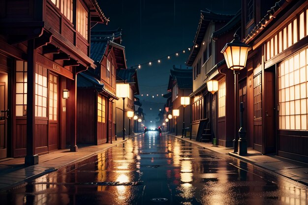 Des maisons en bois de style chinois des deux côtés des lampes de rue et il pleut dans le ciel