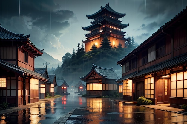 Des maisons en bois de style chinois des deux côtés des lampes de rue et il pleut dans le ciel