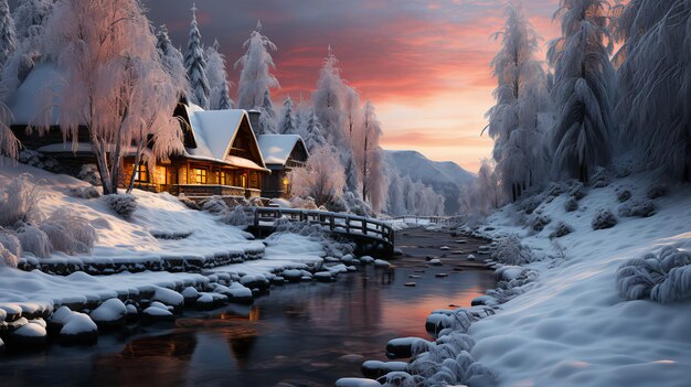 Des maisons chaleureuses d'hiver enneigées pour le Nouvel An et la nature de Noël