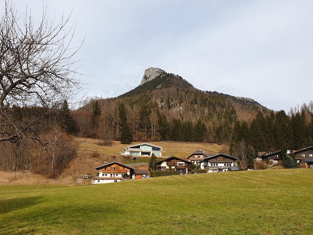 Des maisons sur le champ par des bâtiments contre le ciel