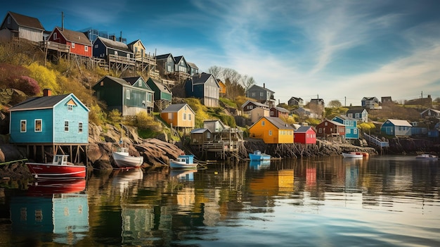 Maisons colorées au bord d'une baie avec un ciel bleu en arrière-plan.