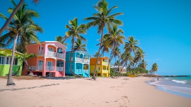 Maisons colorées sur la plage de Catalina en république dominicaine avec palmiers Illustrateur d'IA générative