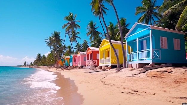 Maisons colorées sur la plage de Catalina en république dominicaine avec palmiers Illustrateur d'IA générative