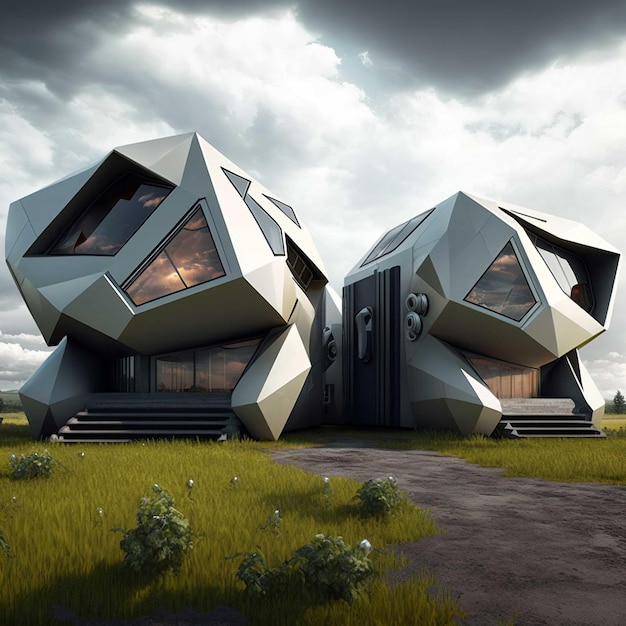 Maisons conceptuelles avec un grand toit en forme de cube et une grande fenêtre