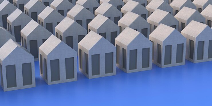 Maisons de couleur grise sur fond bleu illustration 3d