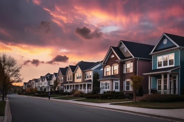 Maisons dans un quartier résidentiel avec un ciel coucher de soleil coloré et spectaculaire Illustration AI GenerativexA