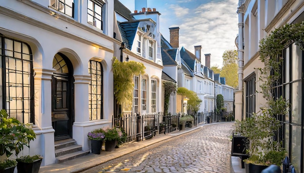 Des maisons élégantes dans une petite rue de pierre pavée exclusive à South Kensington, Londres, Royaume-Uni