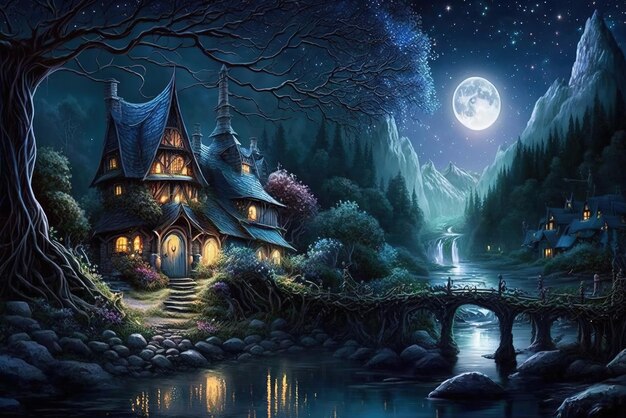 Maisons des elfes dans la nuit étoilée magique