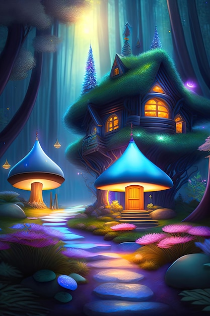 Maisons de fées dans une forêt fantastique avec des champignons incandescents Illustrations numériques