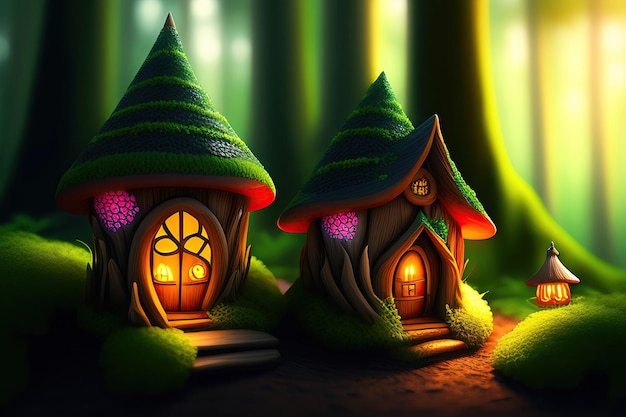 Maisons de fées dans une forêt fantastique avec des champignons incandescents Illustrations numériques