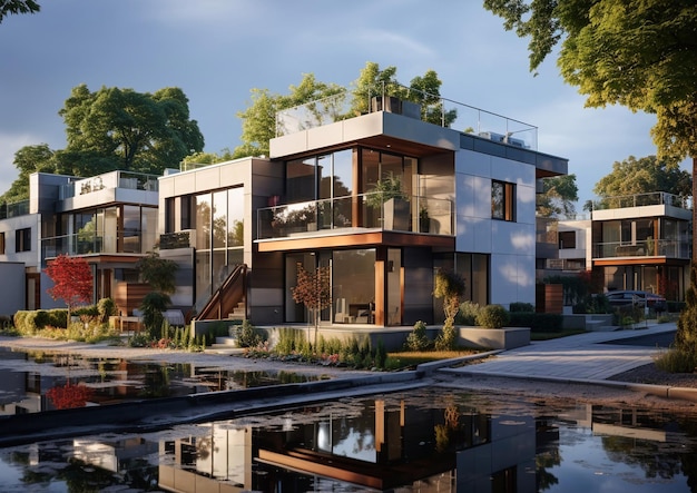 Des maisons modulaires avec un extérieur minimaliste dans un quartier moderne un jour d'étéAI Generative