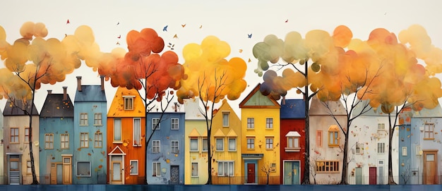 maisons multicolores en automne dans le style jaune clair et orange