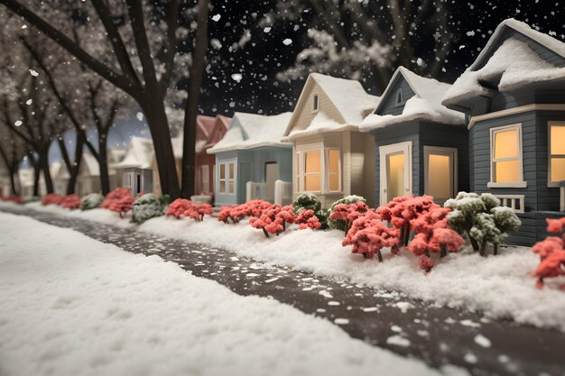 Des maisons de Noël miniatures colorées sur un fond festif lumineux