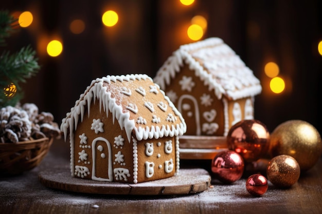 Maisons en pain d'épice dans la neige avec décoration de noël Illustration générée par l'IA