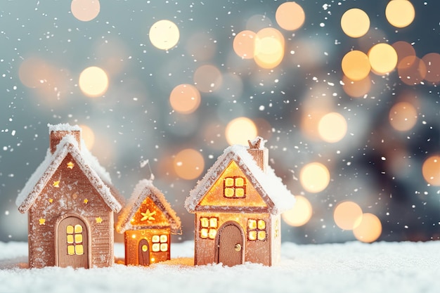 Maisons en pain d'épice, lumières de Noël rougeoyantes en arrière-plan