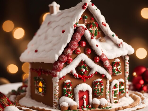 Maisons en pain d'épice de Noël sur table en bois avec fond bokeh Pâtisseries sous forme de maisons