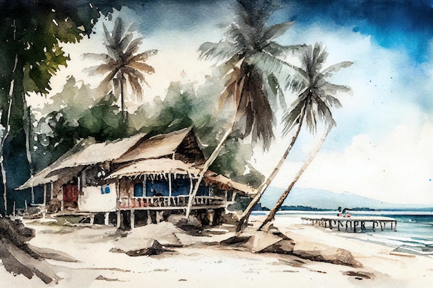 Maisons près de l'aquarelle de la plage