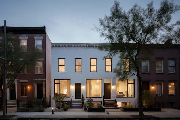 Les maisons en rangée blanche, le paysage de la rue, l'architecture de Brooklyn, les façades des maisons américaines, l'illustration générative de l'IA