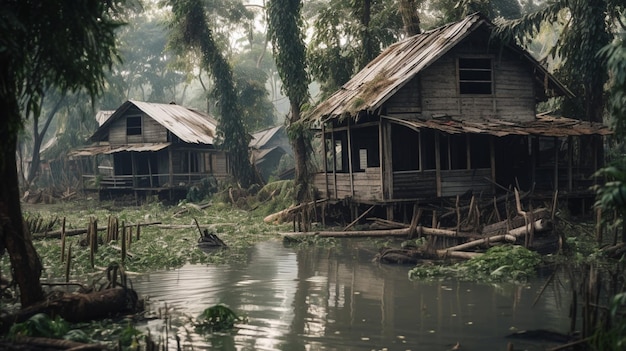 Maisons en ruines dans une forêt inondée après