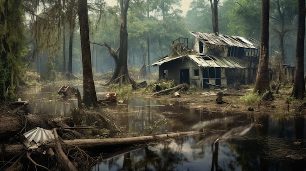 Maisons en ruines dans une forêt inondée après