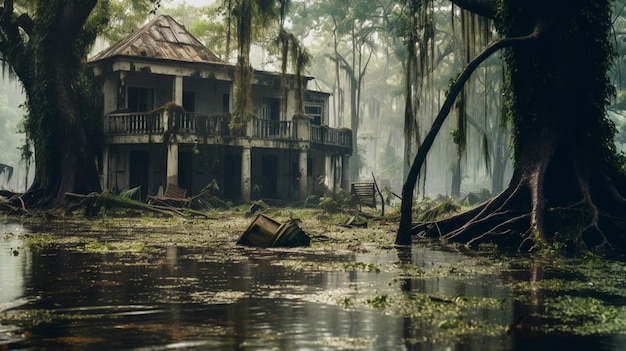 Maisons en ruines dans une forêt inondée après