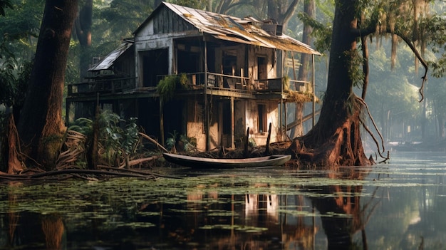 Maisons en ruines dans une forêt inondée après