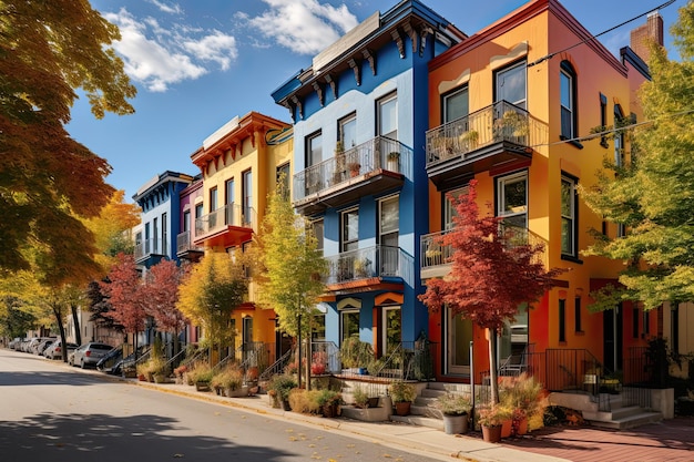 Les maisons sont en rangée Plusieurs maisons identiques et colorées dans la banlieue Condominium pour petites familles avec un revenu moyen Paysage d'automne
