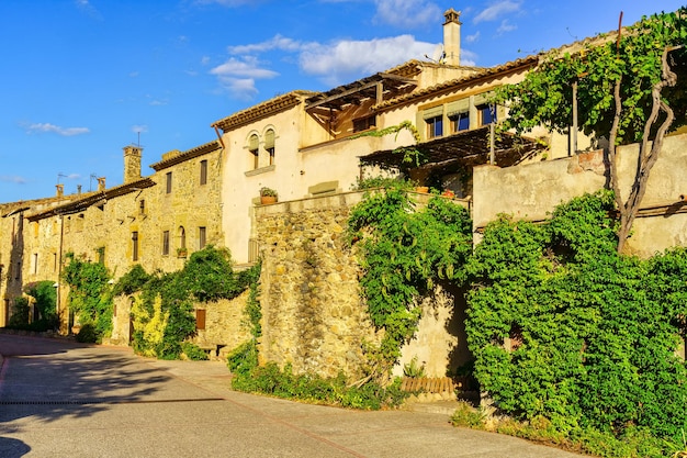 Maisons traditionnelles en pierre avec des pots de plantes vertes et de fleurs dans le village catalan de Monells Girona