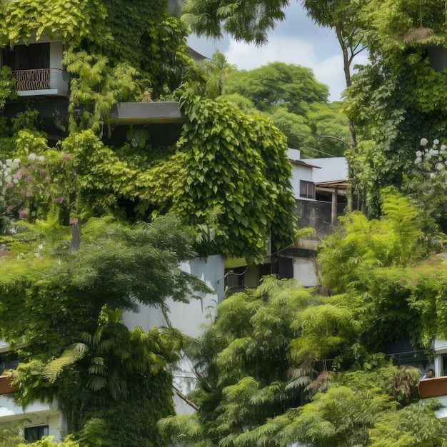 Photo maisons vertes sereines avec arbres et feuillage élaboré carrelé
