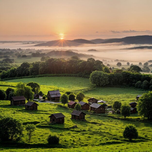 Photo maisons de village dans la forêt pendant la photographie du coucher de soleil