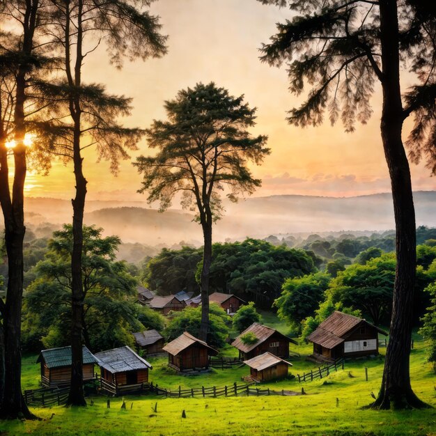 Photo maisons de village dans la forêt pendant la photographie du coucher de soleil