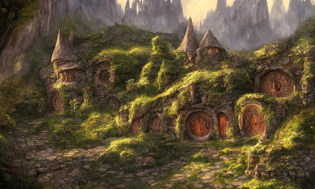 Maisons de village Hobbit avec portes et fenêtres rondes Les toits des maisons sont recouverts d'herbe Illustration 3d du monde du Seigneur des Anneaux