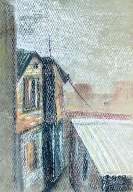 maisons de la ville sur la rue dessinées à la main avec des pastels secs