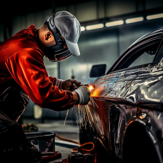 Le maître de la carrosserie nettoie le fond