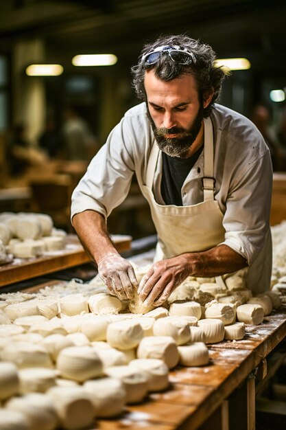 Un maître fromager fait du fromage dans une petite laiterie