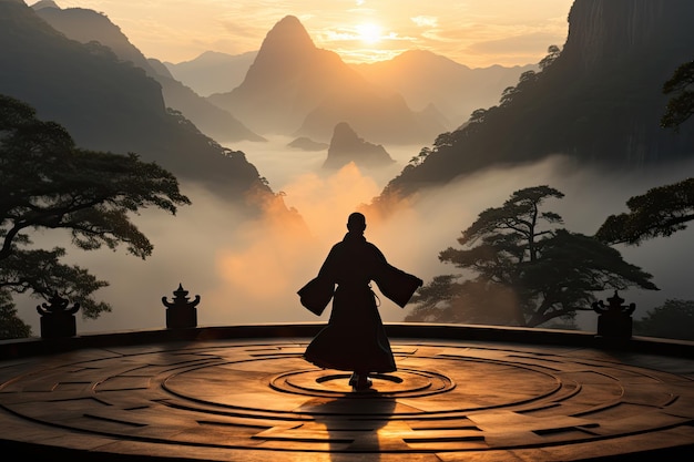 Photo le maître de kung-fu s'entraîne à l'aube dans le temple ancestral génératif ia