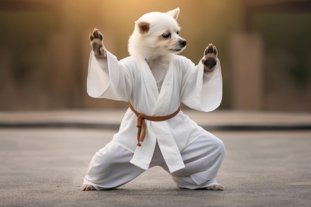 Photo maître de kung fu terrier chien vêtu d'un uniforme d'entraînement blanc en pose de kung fu chien pratiquant des arts martiaux concept de renforcement de l'esprit et du corps auto-développement animaux drôles