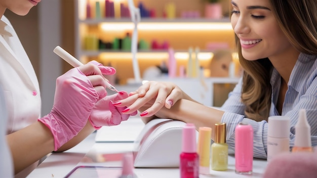 Maître de manucure en gants roses appliquant du vernis à ongles à une cliente