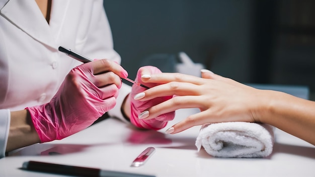 Maître de manucure en gants roses appliquant du vernis à ongles à une cliente