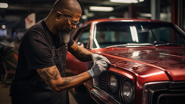 Photo maître mécanicien polie voiture rouge avec polisseur détail série