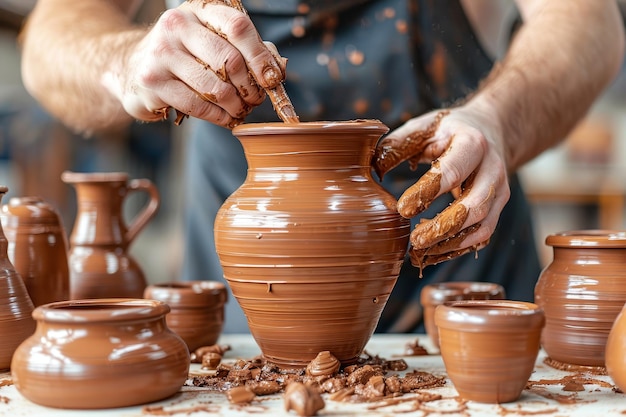 Un maître potier façonne un vase d'argile sur la roue