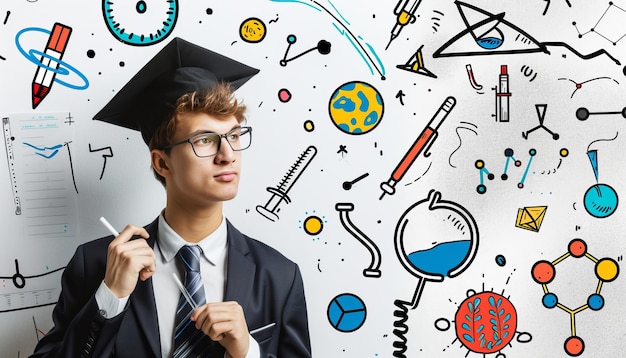 Photo la maîtrise de la science un jeune diplômé intelligent prépare sa thèse avec une loupe à la main