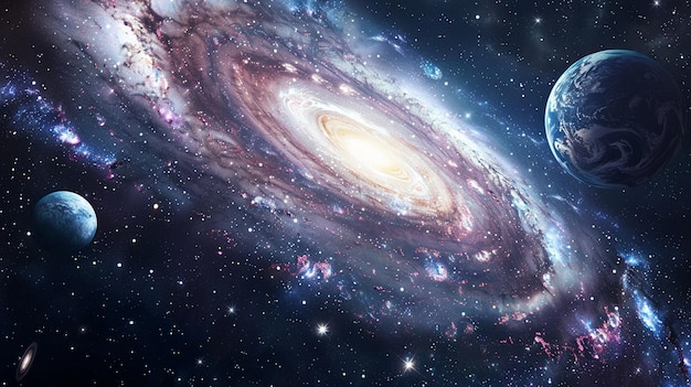 Majesté cosmique une galaxie vibrante et des planètes