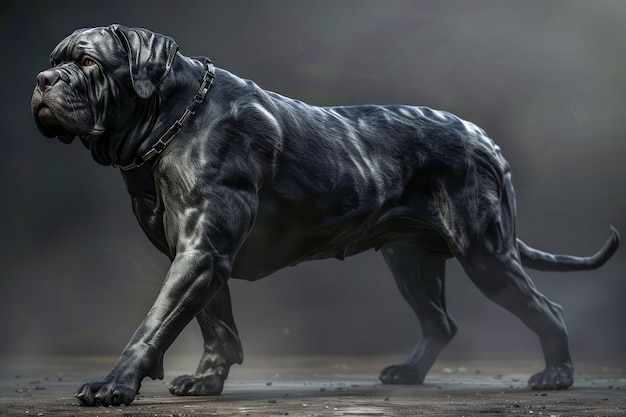 Photo majestic black cane corso dog dans une pose dynamique sur un fond brouillé mystérieux canin de race pure